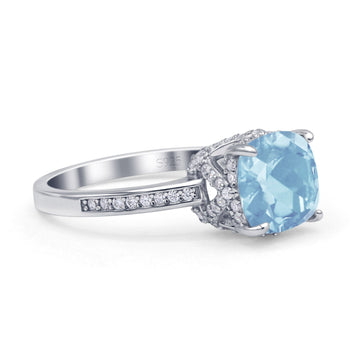 Elegant Hidden Halo Cushion Engagement Ring Simulated Aquamarine 925 Sterling Silver Wholesale